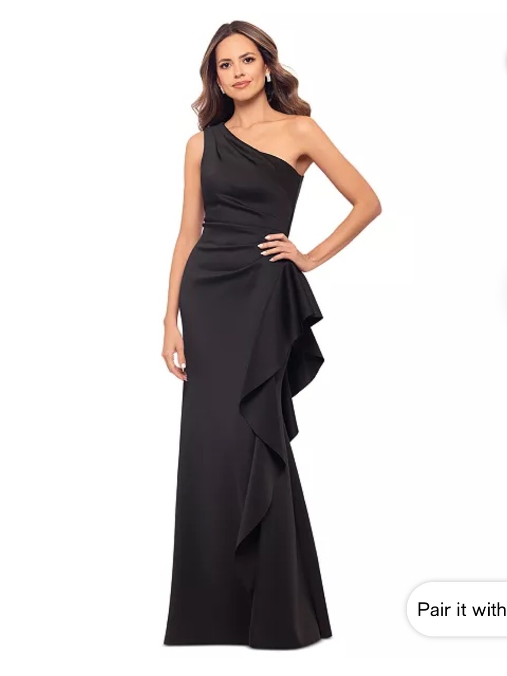 XSCAPE Women's Ruffled One-Shoulder Scuba Gown - Black